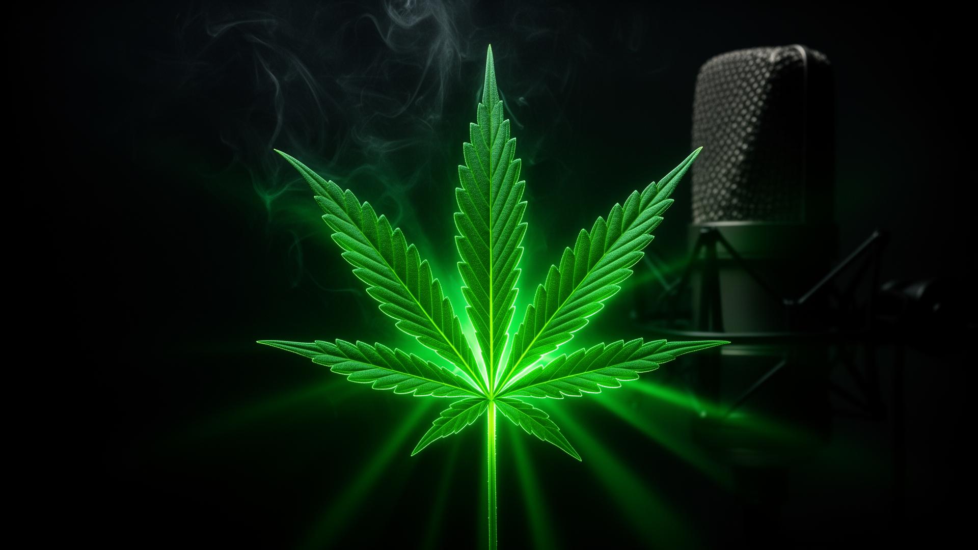 MEDCANN RADIO studio with broadcasting microphone and cannabis leaf glowing green